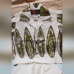 Ali'i Fashions Hawaii 6 month button up shirt and shorts, white and olive